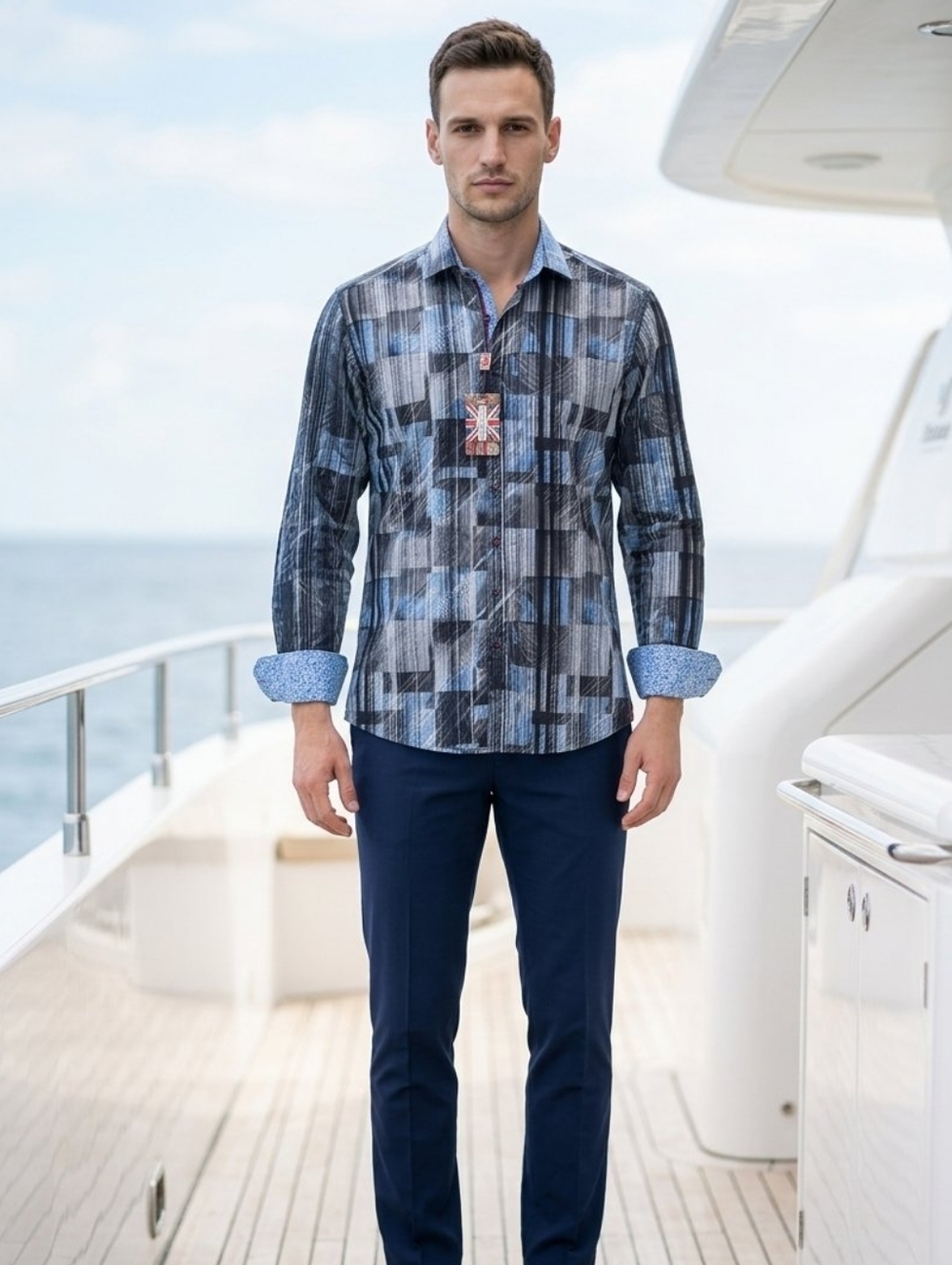 NWT 7 Downie St. Couture MESSINA Sport Shirt - Blue Abstract Geometric - Size 5